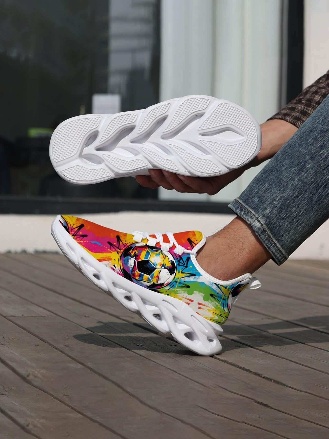 Graffiti Football Theme Trendy Sports Shoes, Street Art Style, Vibrant Full Surface Spray, Lightweight Cushioned Sole, Youth Soccer Lovers