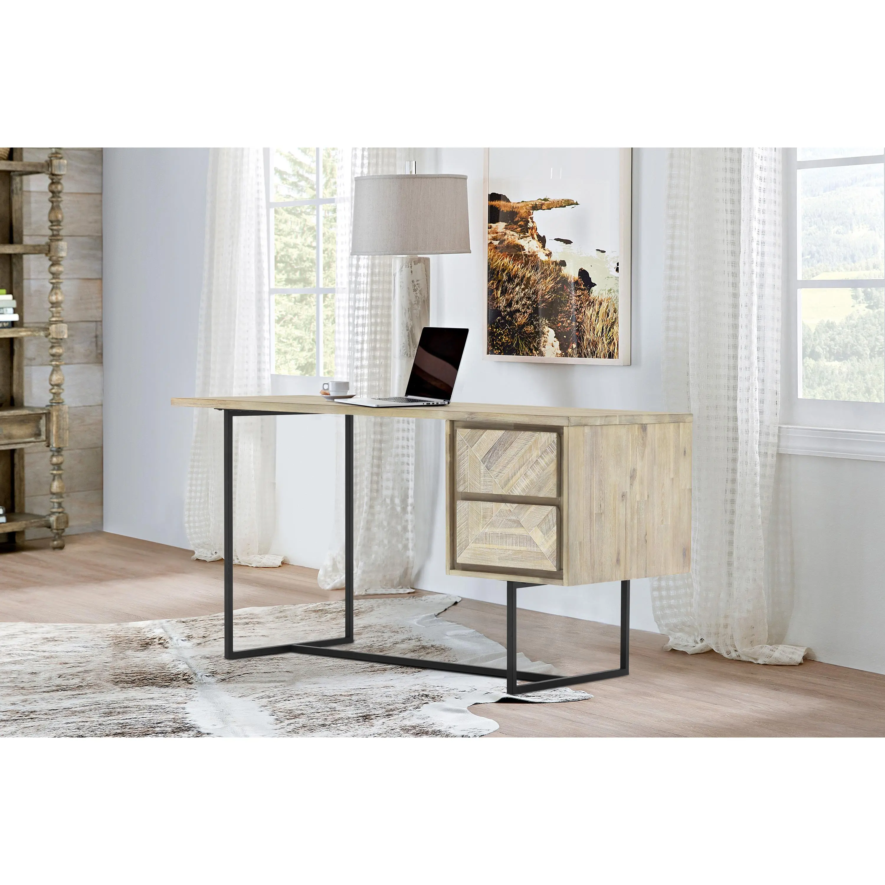 Nokaa Yaluna 2 Drawer Desk Natural Acacia Wood Writing Workstation with Storage for Home Office Study Bedroom Living Room, Sturdy Wooden Computer Desk with Drawers, Compact Workspace Furniture, Brown Finish