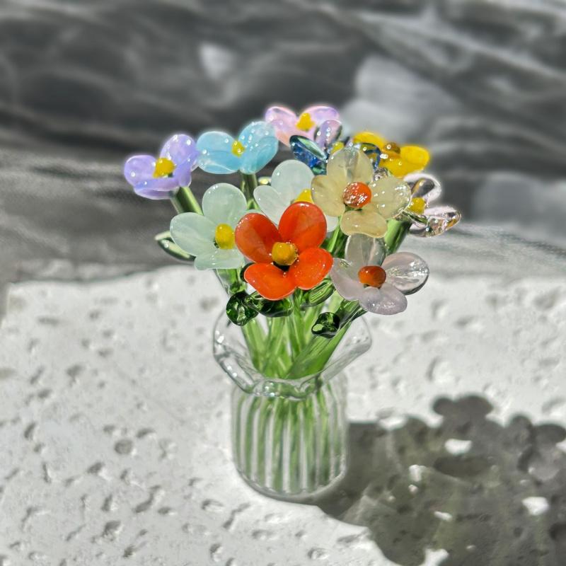 1/2/4/6/11PCS/SET Creative Mini Glass Flowers with Vase European Style Decorative Small Vase Set Elegant Crystal Clear Transparent Floral Bouquet Vase Office Desk Decor For Birthday Anniversary Mother's Day Handmade Glass Flower Bouquet Small Flower Gift