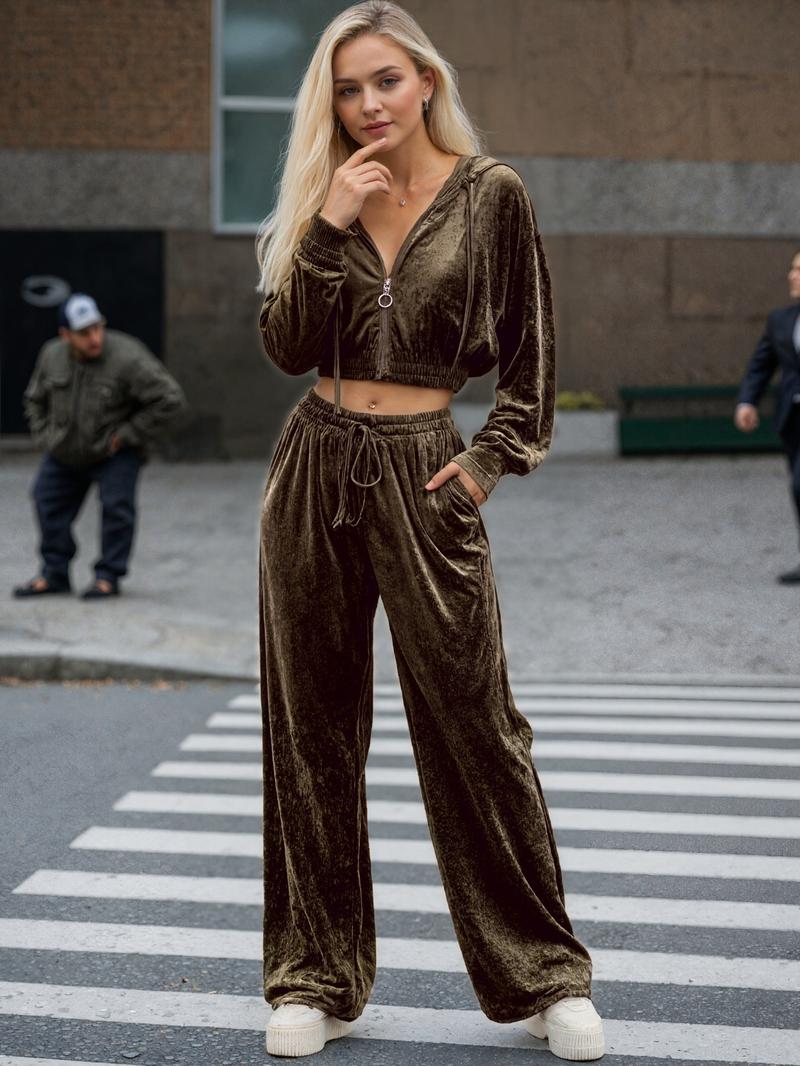 Women's Velvet Long Pants Set, Zip-Up Hoodie + Loose Fit Pants, Perfect for Sports Casual Home Wear, Autumn Winter