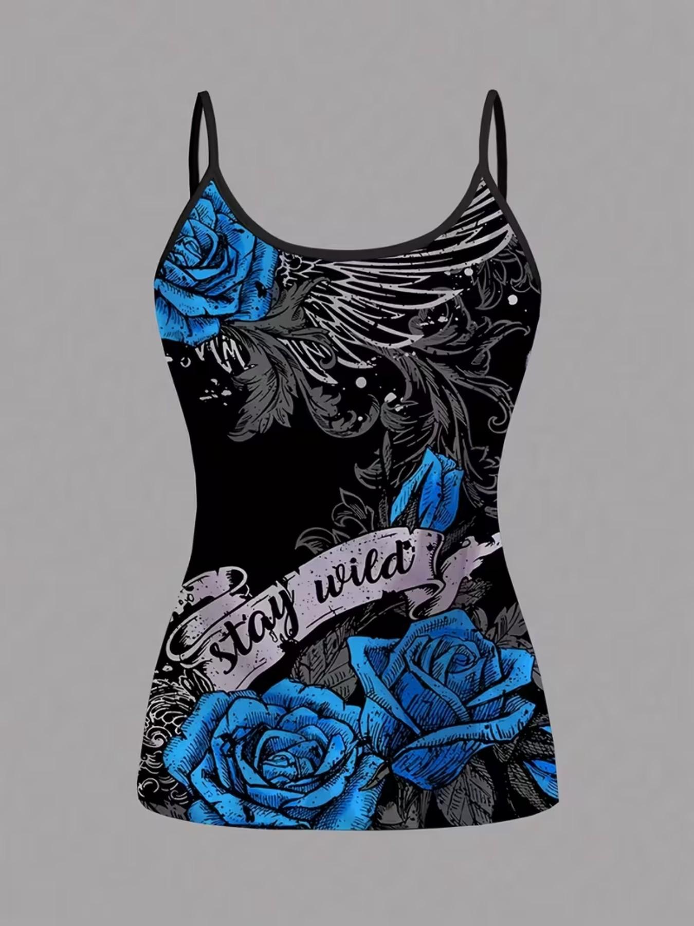 Gothic Rose Wing Print Strappy Set, Summer Home Sleepwear, Casual Sleeveless Slim-Fit Top, All over Print, Four-Piece