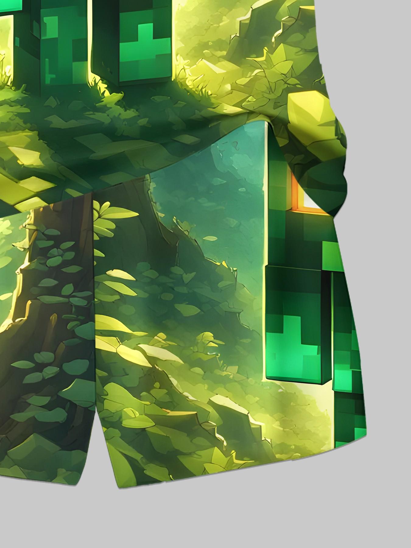 Boys' Creeper Pixel Print Short Sleeve Shorts Set, Casual Asymmetrical Design, Natural Waist, H-Type Silhouette, Random Print Pattern