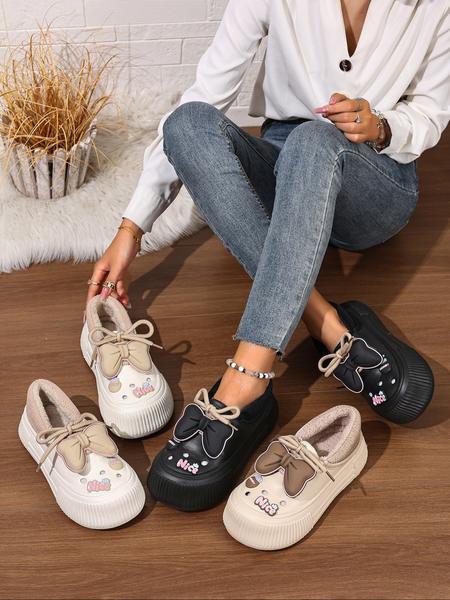 Women's Plus Size Winter Plush Fuzzy Warm Slippers, Indoor Cozy Silent Home Slippers with Cute Bowknot, Casual Shoes