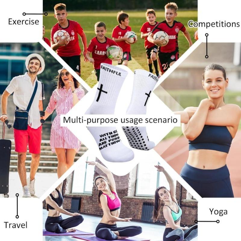6Pcs(3Pairs) Unisex Athletic Grip Socks - Anti-Skid Rubber Performance Socks with Christian Cross Bible Motifs, Soft Stretch Comfort, Power Grip for Football, Basketball, 4-Season Sports Wear, Rubber Sports Socks