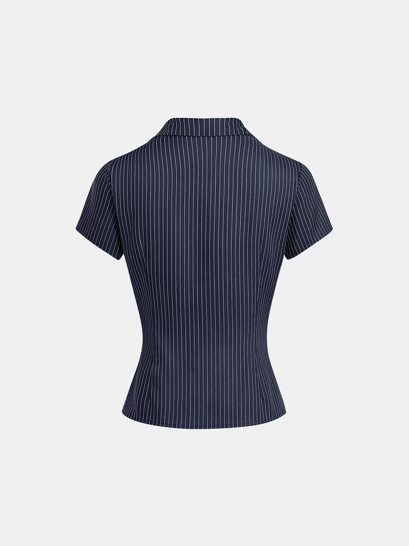 Women's Plain / Striped Print Button Shirt, Casual Fitted Collared, Casual Slim-fitting Short Sleeve Collared Top for Daily Wear, Ladies Clothes for All Seasons
