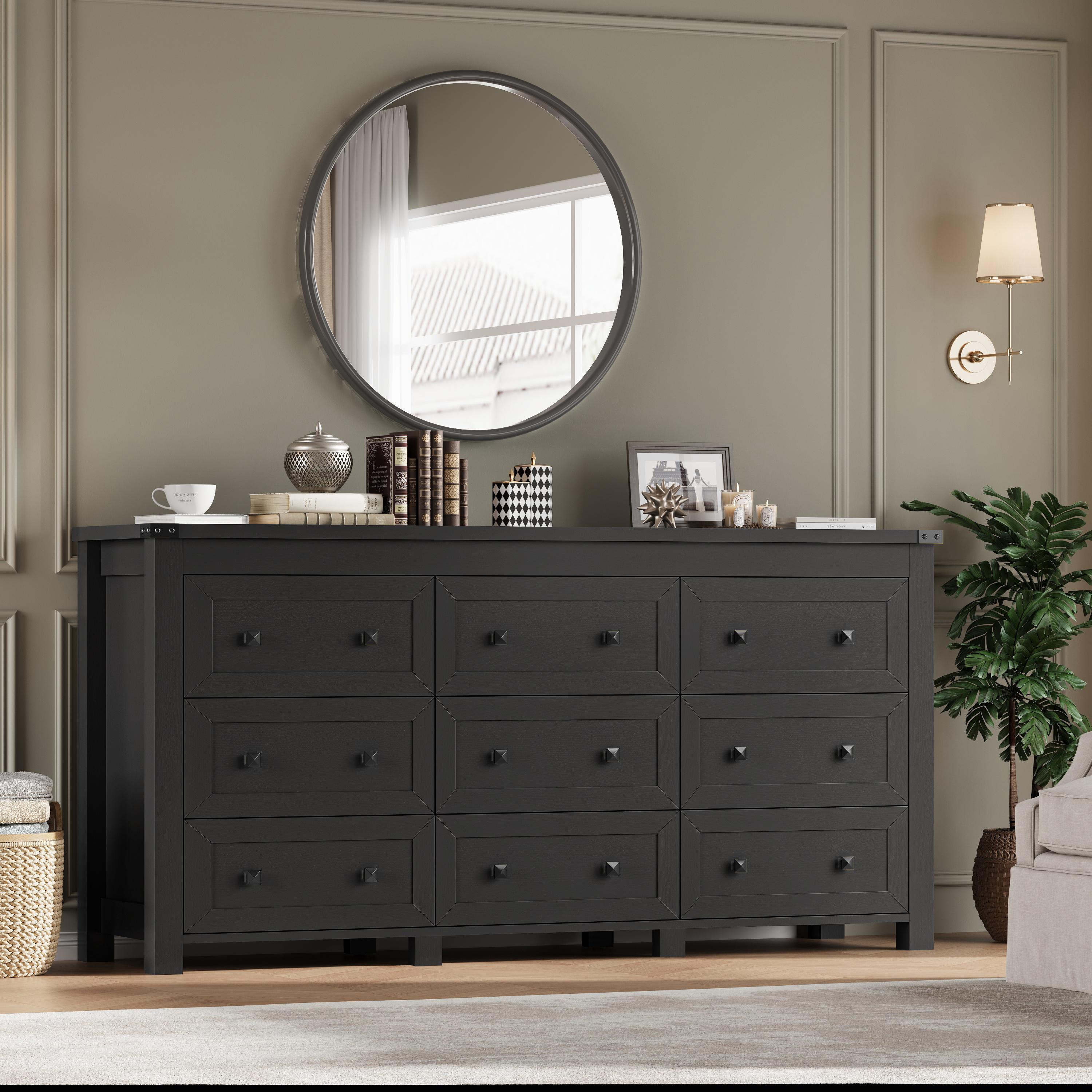 Dresser for Bedroom with 9 Drawers, Farmhouse Wood Chest of Drawers, Wide TV Stand Closet Storage Furniture with Metal Handle, Modern Clothes Organizer for Hallway, Living Room, Entryway, White Dresser for Bedroom with 9 Drawers, Farmhouse Wood Chest of Drawers, Wide TV Stand Closet Storage Furniture with Metal Handle, Modern Clothes Organizer for Hallway, Living Room, Entryway, White