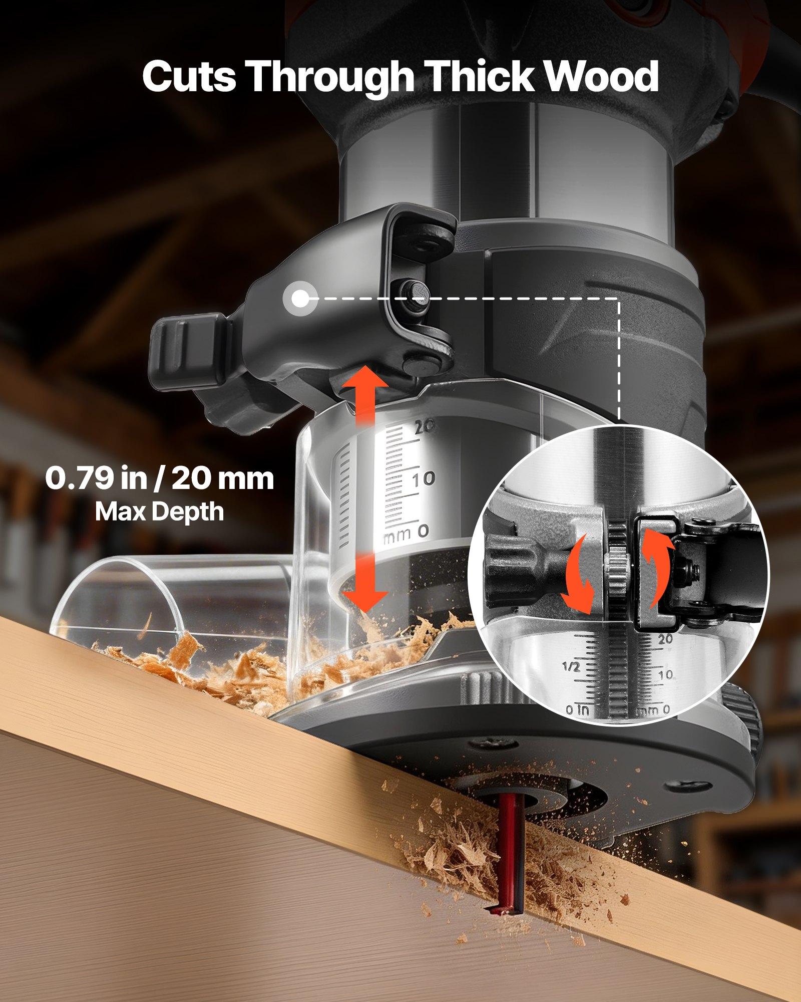 VEVOR Wood Router, 1 HP 710W, Variable Speed Palm Router Tool with Soft Start, Compact Wood Edge Trimmer with Fixed Base & 1/4-Inch Collet, Dust Hood, for Woodworking, Trimming, DIY Projects, Corded