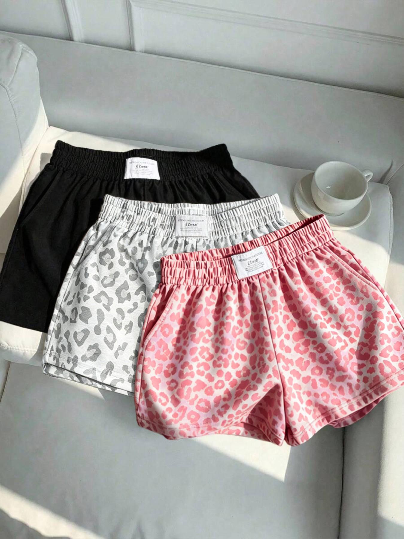 3-Pack Vintage Leopard Print Elastic Waist Casual Shorts for Women, Letter Waist Label Design, Y2K Style Sporty Outerwear Slimming Shorts