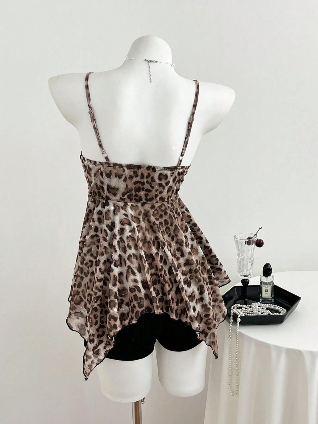 Summer New Mesh Cami Top, Fashion Y2K Style Asymmetric Hem Leopard Lace Trim, Casual Women's Backless Vest, Boho Slim Fit