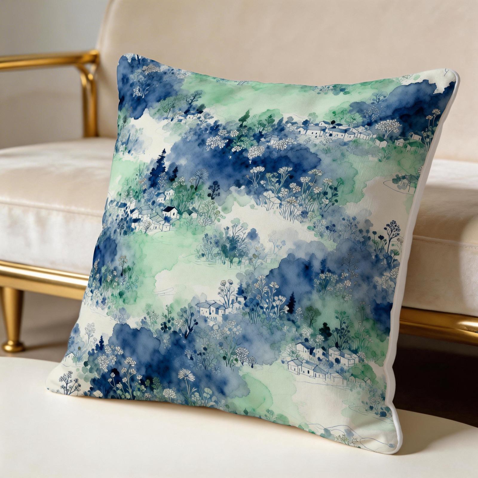 1 Piece Watercolor Landscape Checkered Throw Pillow, HD Digital Printed Cushion, Soft Cozy Accent Pillow for Sofa, Chair and Bedroom Decor with Invisible Zipper, Non-Fading