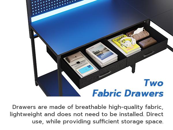 SEDETA L-Shape Gaming Desk Computer Desk with LED Lights Hanging Panel and Drawer with Brackets and Storage Shelves Home Office Corner Desk Modern