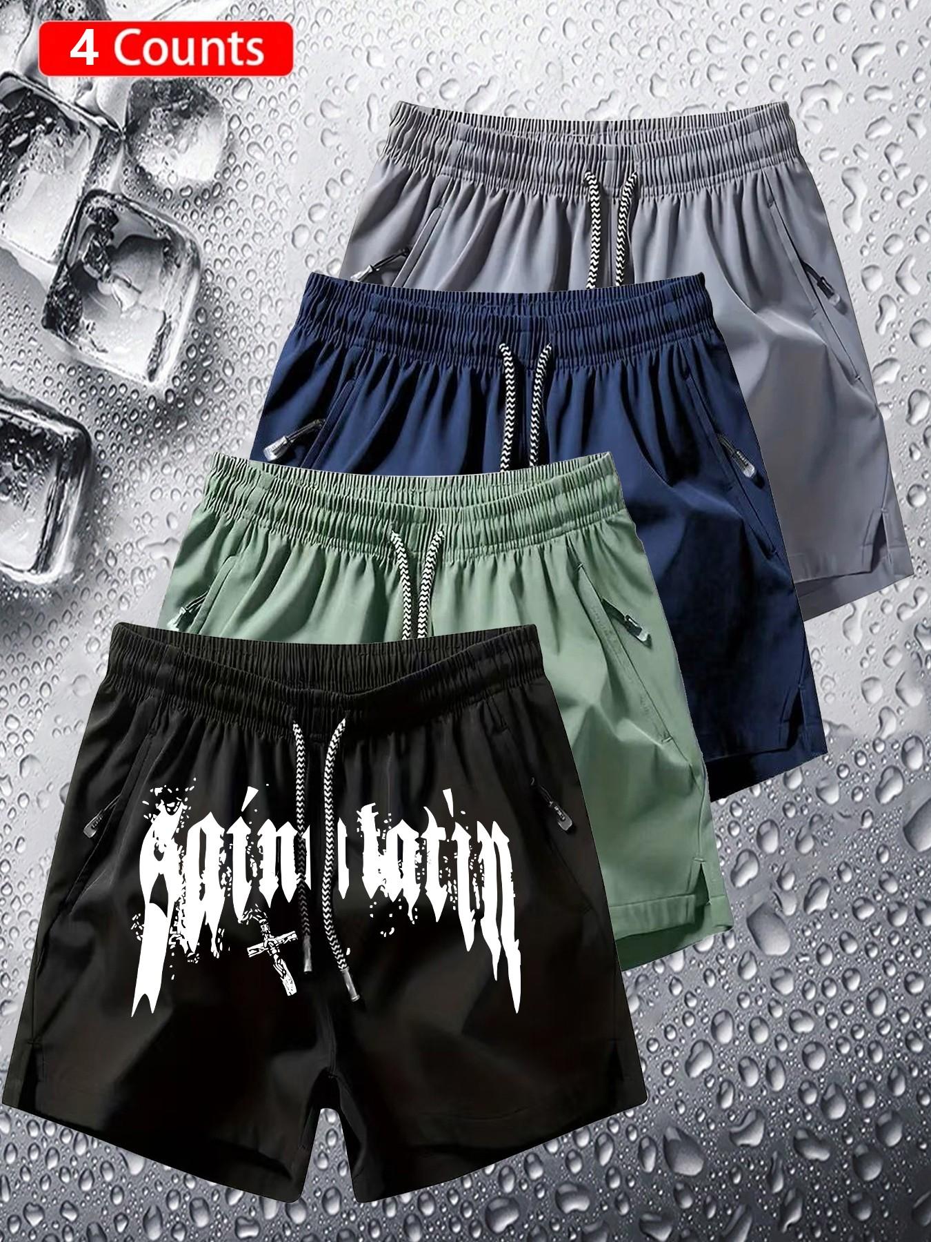 4-Pack Gothic Shorts, Dark Trendy Fashion, Vintage Gothic Font Cross Print, Quick-Dry Breathable Fabric, Unisex, All Seasons
