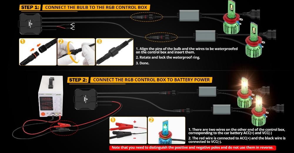 R7 Series 25000LM 70W RGB Remote Control Car LED Headlight Bulb DRL Fog Light with breathing, cycling, flashing, and red & blue emergency mode