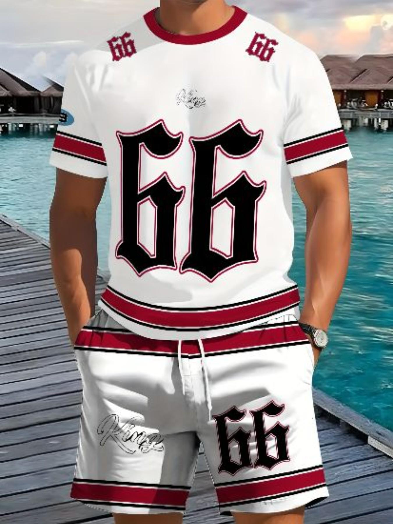 Summer Adult Men's T-Shirt and Shorts Set, Striped Patchwork 66 Number Sports Digital Print, Casual Daily Wear, 2-Piece