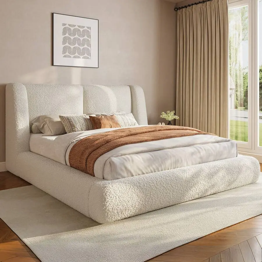 Queen Size Upholstered Cloud Bed Frame - 4-in Thick Headboard Protection, Soft Rounded Corners, Sturdy Classic Bedroom Furniture, Curved Design, Requires Assembly for Restful Sleep & Stylish Home Decor, Queen Size Bed Frame, Bed Frames
