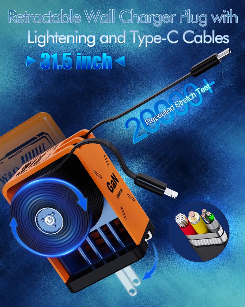 W&O Portable GaN Fast Charger,Compatible with 120W GaN Fast Charging  W/ Retractable 2 Cable (USB-C & Lightning) - Fast Charging for iPhone 15, Samsung, Gaming, Travel & Office - Universal Compact Travel Charger-Father's Day Gifts