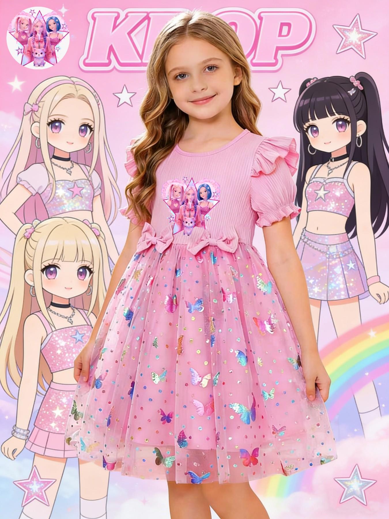 K-Pop Girl Group Sweet Style Girls' Dress, Flutter Sleeve Bow K-Pop Print, Summer Mesh Princess Dress, Cute Floral Pattern, Slim-Fitting