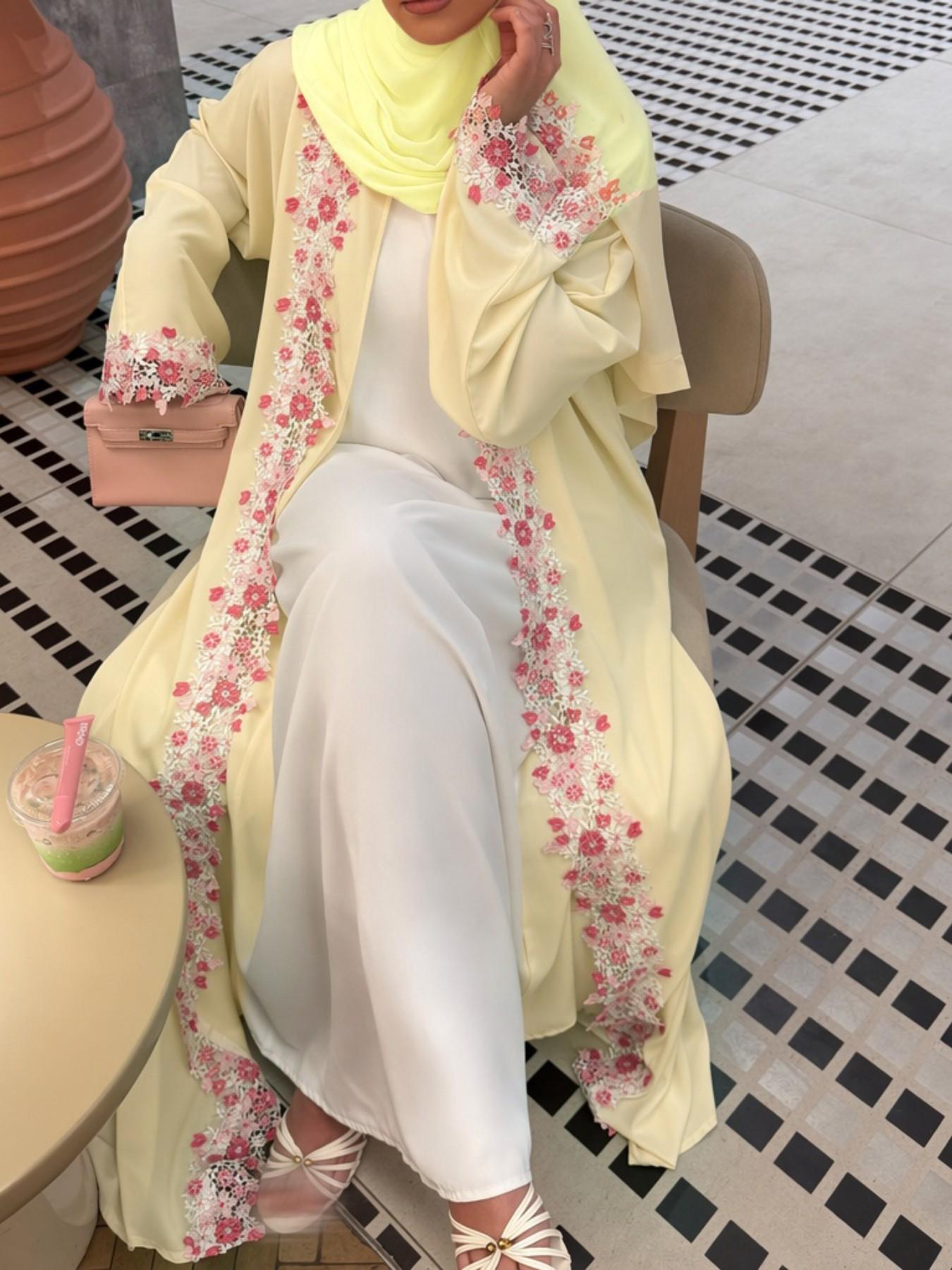 Hafizah Luxury Floral Lace Open Abaya for Women | Elegant Butterfly Yellow Dubai Style Kimono Cardigan Modest Muslim Outerwear