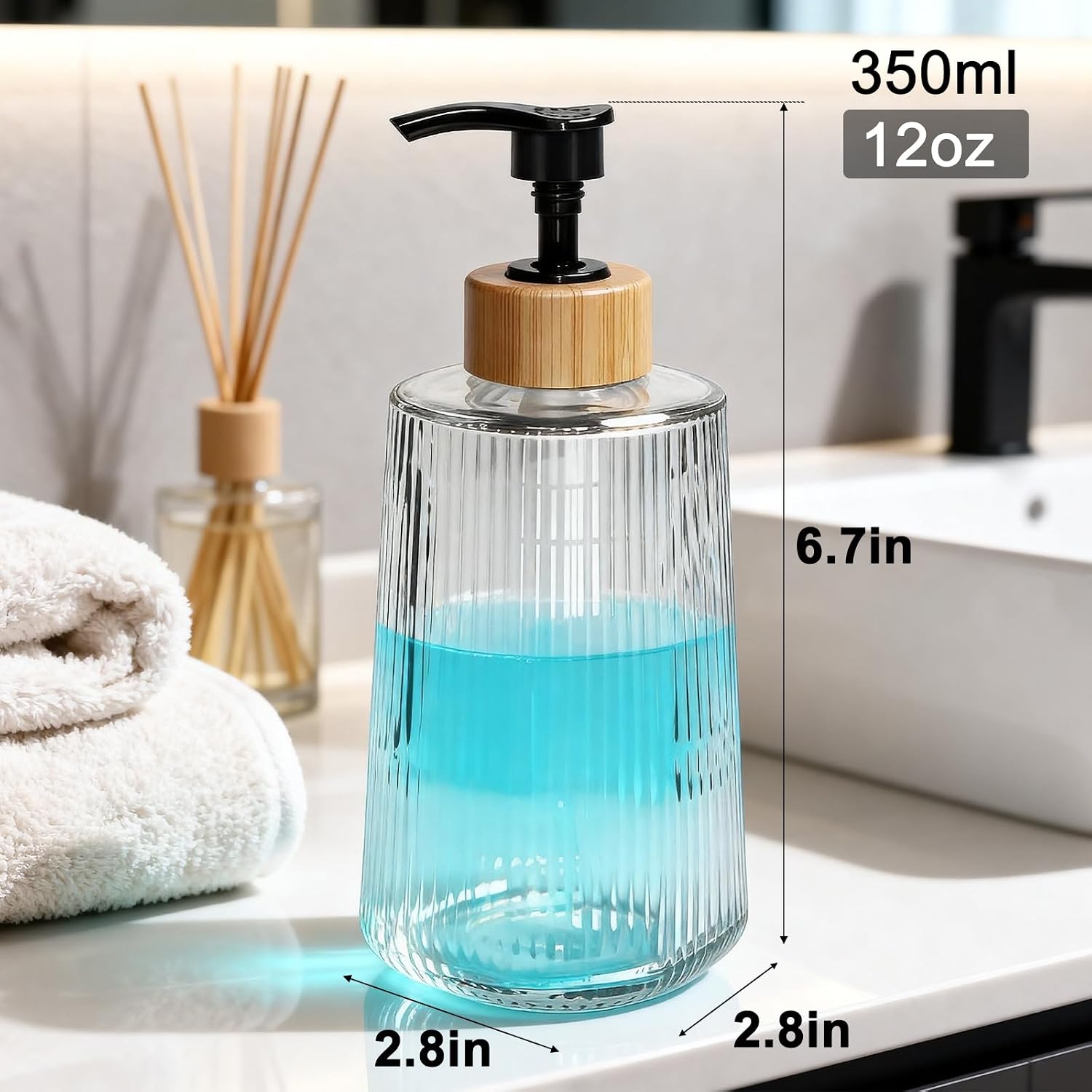 12oz Thick Striped Thick Glass Durable Soap Dispenser with Pump - Single Set Hand Soap/Lotion Bottle for Bathroom, Kitchen, Modern Style (Residential & Commercial Use)