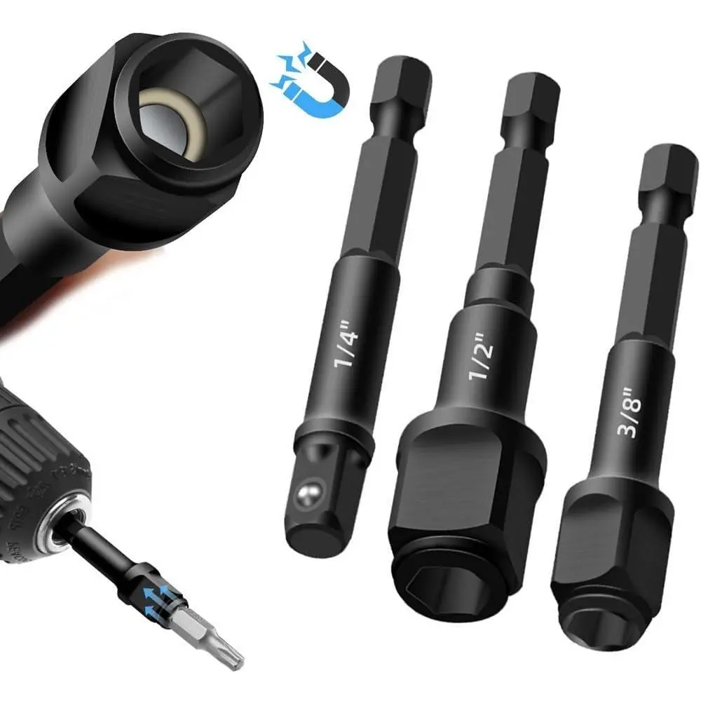 GJANSH 3 PCS Magnetic Tip 2-in-1 Hex-Shank Drive Adapter Set, Multi-Size Socket & Bit Adapter for Power Drills, Compatible with 1/4" 3/8" 1/2" Drives, Ideal for Automotive Repairs