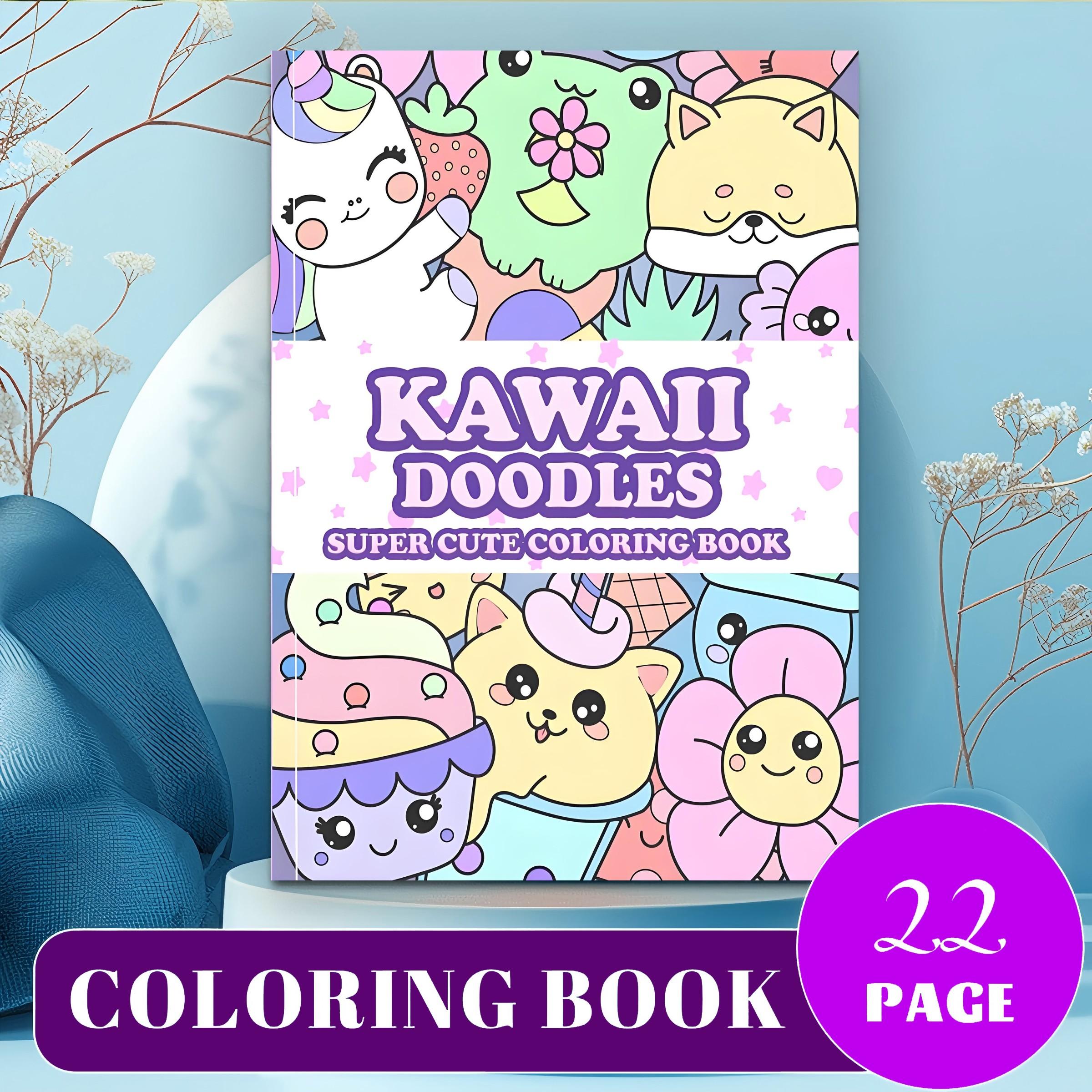 Kawaii Doodles Super Cute Coloring Book for Kids & Adults, 120GSM Thick Paper No Bleed, 22 Easy Bold Kawaii Animal & Food Pages, Non-Toxic Odorless, Stress Relief, Perfect Kawaii Gift for All Ages