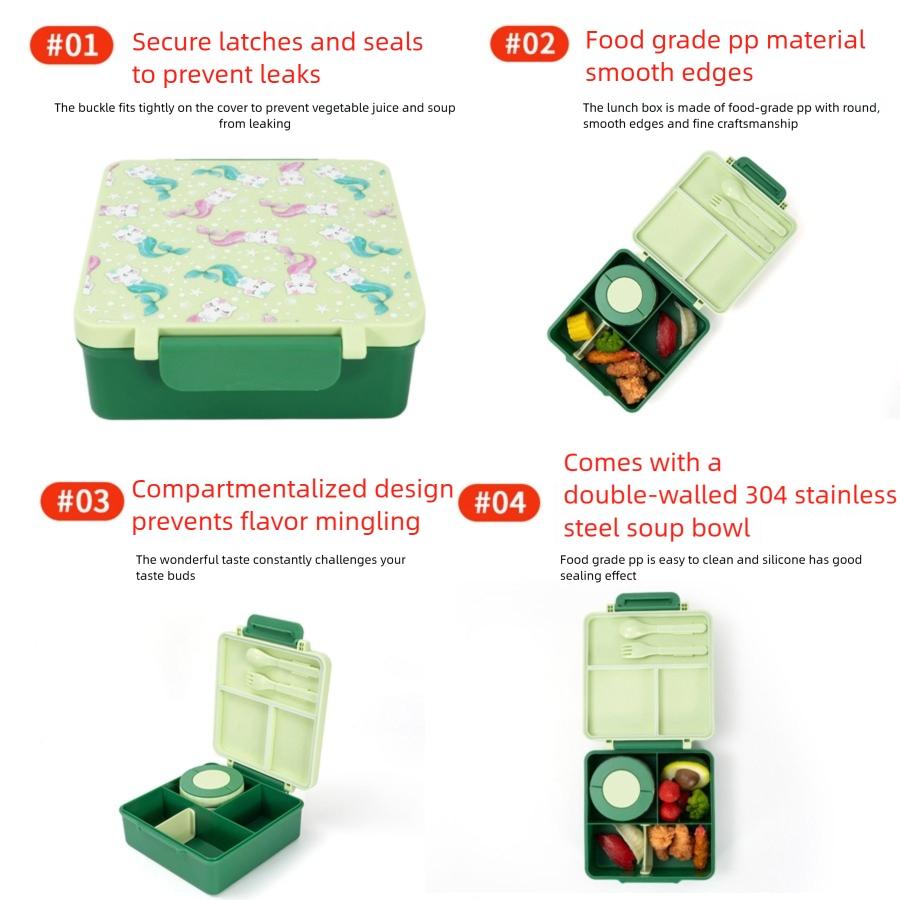 Bento Lunch Box Set for Kids🍗🥦🍓🍰🍲 with 9.5 oz Soup Thermo, Leak-Proof Lunch Containers with 4 Compartment, Kids Thermo Hot Food Jar ，BPA Free ， Utensils for Girl Boy School, Microwave Dishwasher Safe