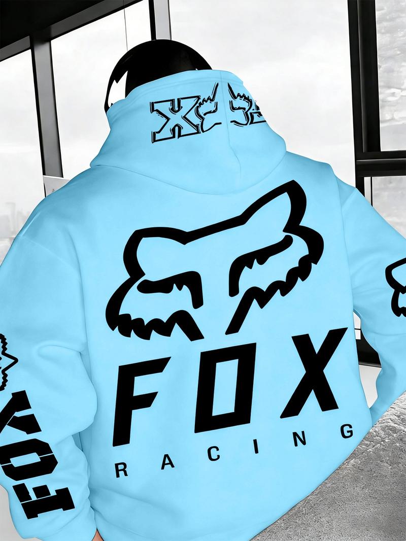 1 Piece Men‘s Fox Racing Graphic Hoodie, Bold Red and White Logo Print, Streetwear Style for Casual Daily Wear and Outdoor