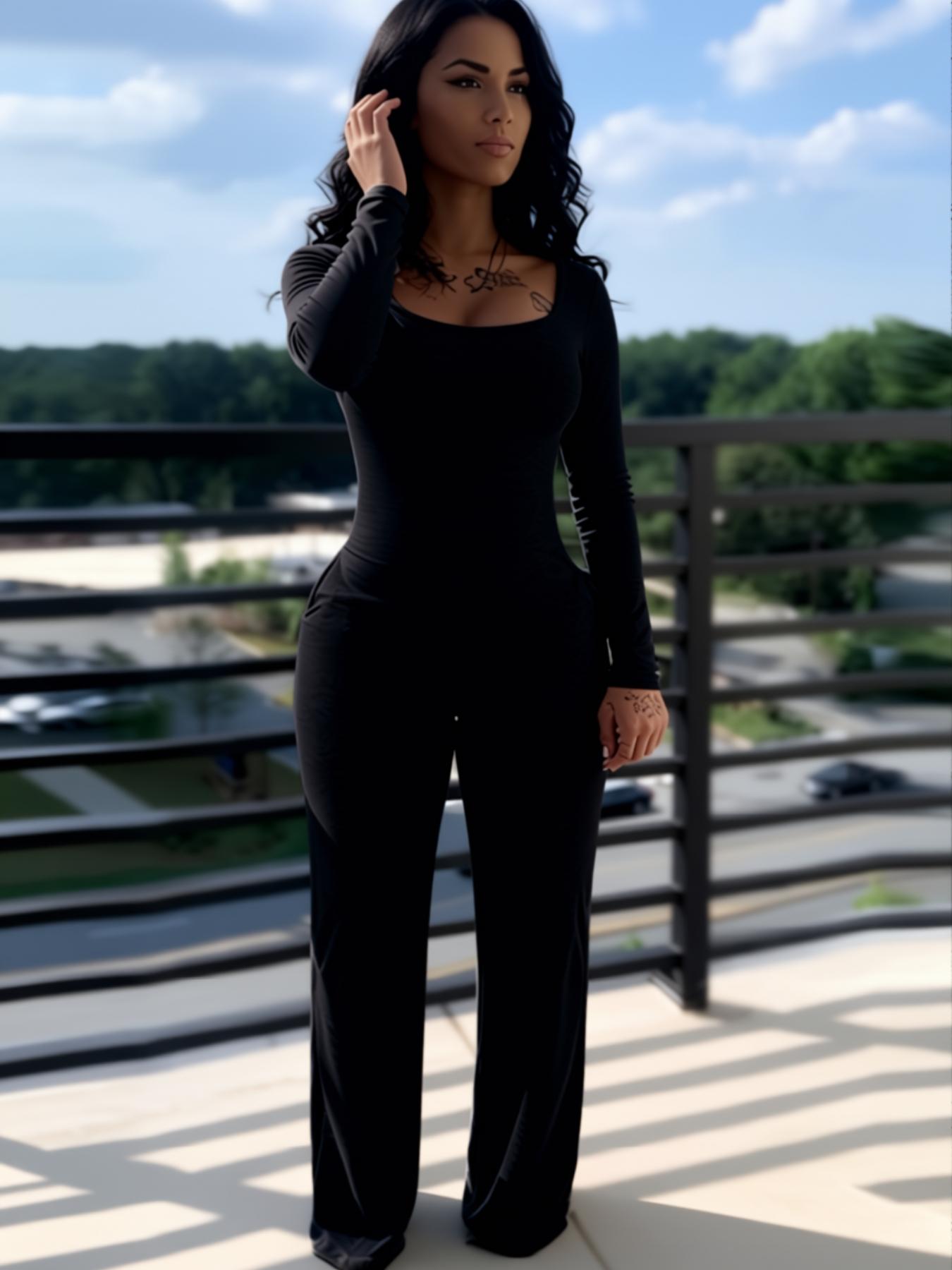 Women's Sexy Fitted Plain Long Sleeve Jumpsuit, Fall & Winter Fashion, Low Neck Pocket Design, European Style, Casual Wear