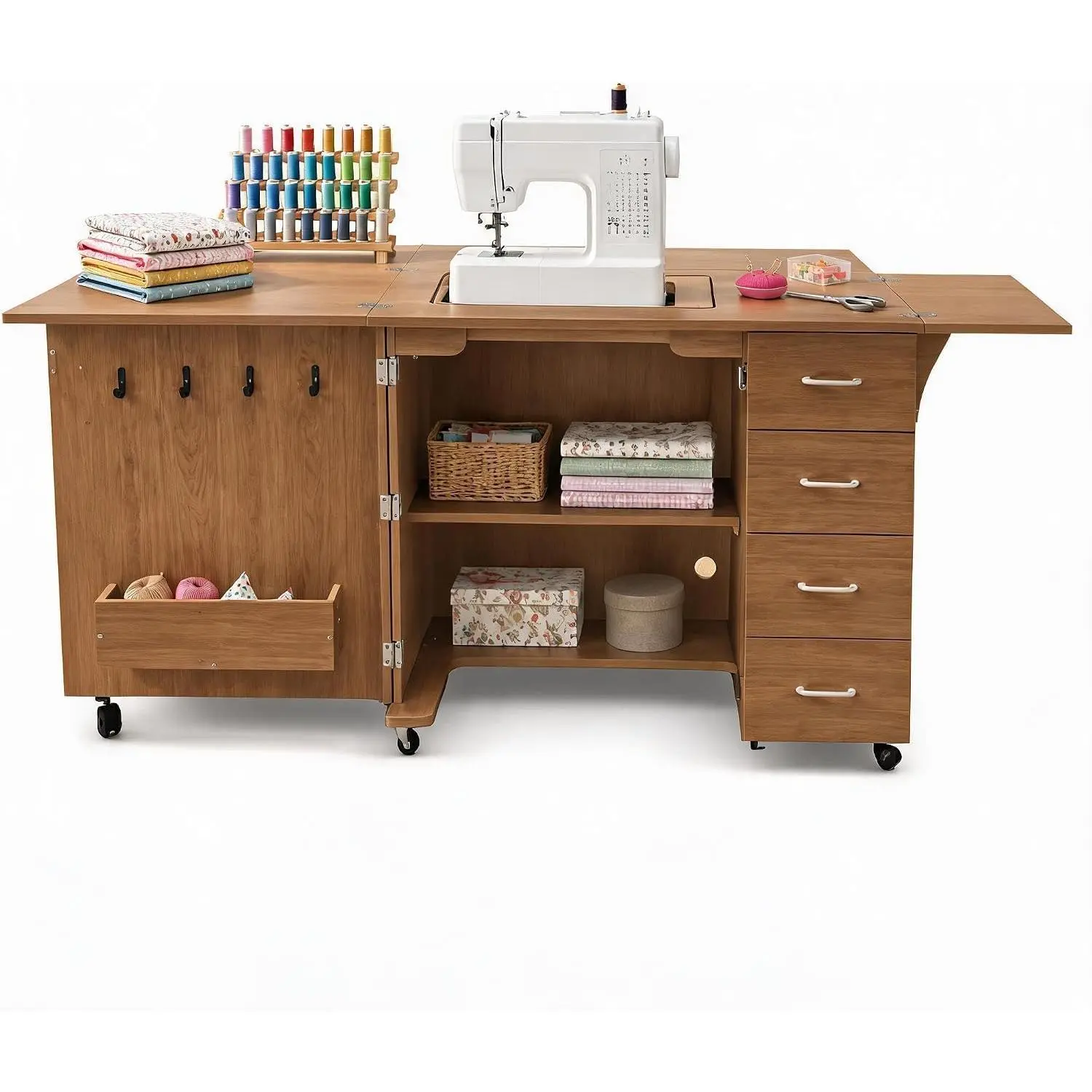 Foldable Sewing Cabinet Craft Table, Hydraulic Lift, on Wheels Multipurpose Craft Cabinet, Spacious Drawers, Expandable Leaves, Lockable Casters, Large Sewing Desk for Home, Studio