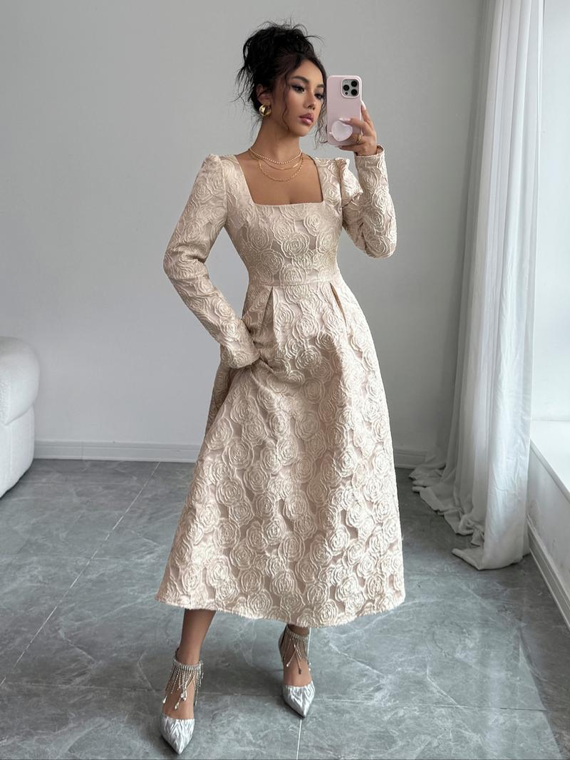 Elegante Vintage Rose Embroidered Square Neck Long Dress, Waist Cinched Skinny Party Date Night Gown, Women's Fashion