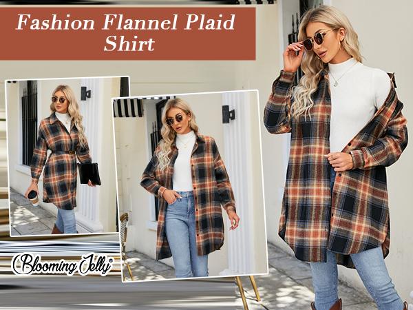 Blooming Jelly Women's Button Down Flannel Shirts Plaid Shacket Long Sleeve Collared Long Jacket Coats #Springtok