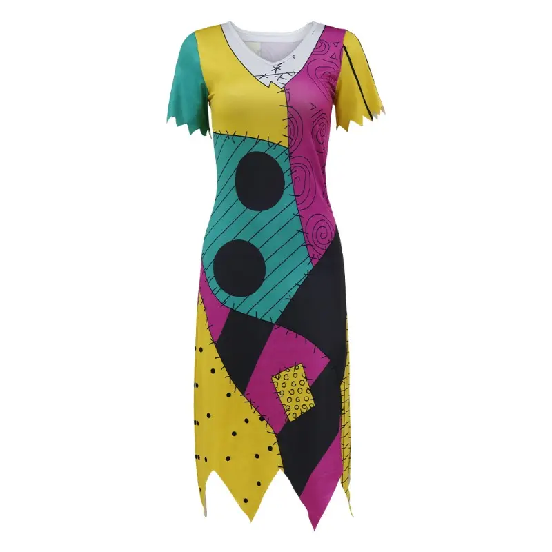 Sally Graphic Midi Dress, Cute Fashion Halloween Outfit, Comfort Short Sleeve V Neck Patchwork Printed Dress, Oversized Irregular Hem Costume, Valentines Day Gift for Lover, Best Holiday Present for Family and Friends
