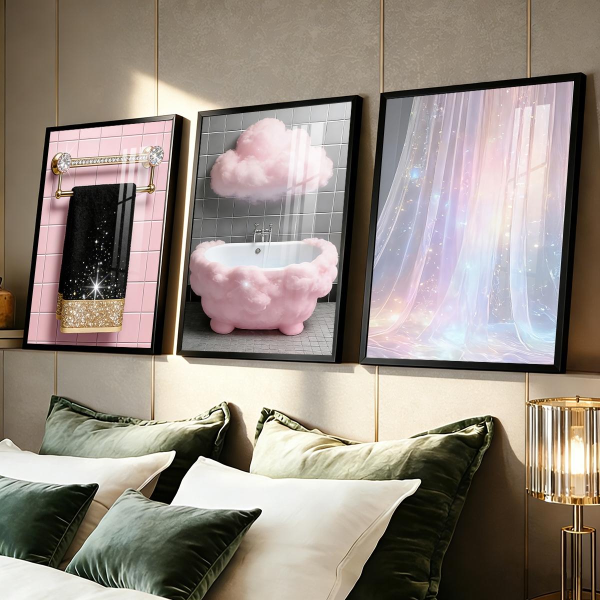 3 Counts Aluminum Alloy Framed Painting, Sparkling Bathroom Luxury Cloud And Curtain Art Pictures, Home Decoration For Living Room, Bedroom, Office, Restaurant, Hallway Wall Decor, Odorless Print Artwork, Luxury Perfect Gift For Friends And Family