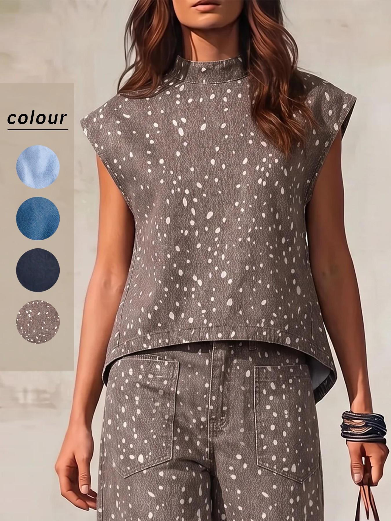 Women's Stand Collar Sleeveless Loose Fit Denim Top, Perfect for Summer Daily Wear, Casual Fashion Shirt
