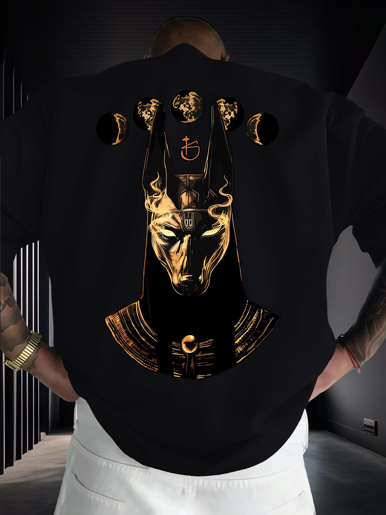 Anubis Moon Phase Egyptian Mythology Print Men's Fashion Short Sleeve Round Neck Casual Summer T-Shirt, Daily Wear