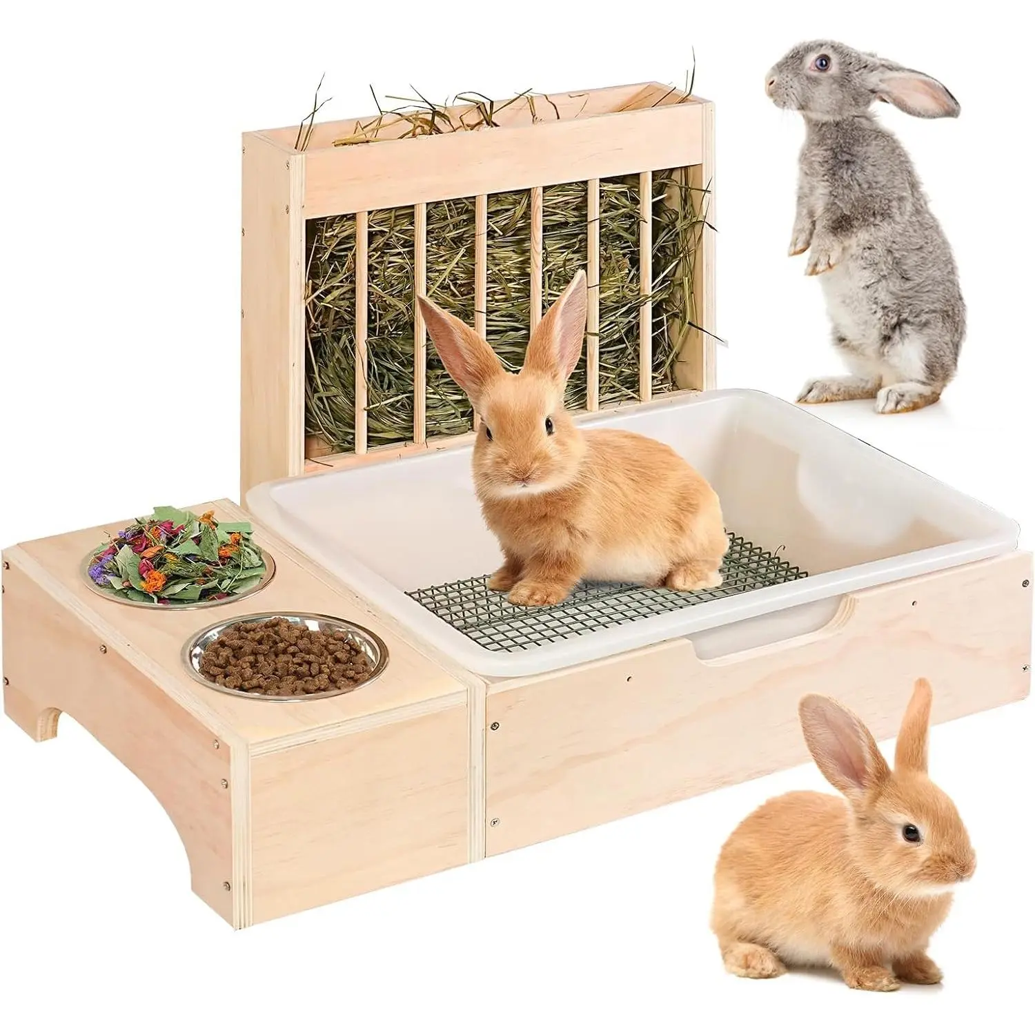 Wooden Rabbit Hay Feeder with Integrated Litter Box, Bunny Feeding and Toilet Station with Wire Grate for Dutch Rabbits, Dwarf Rabbits and Other Small Pets