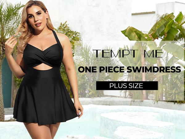 Tempt Me Women Plus Size One Piece Swimdress Cutout Swimsuit with Skirt V Neck Wrap Bathing Suits
