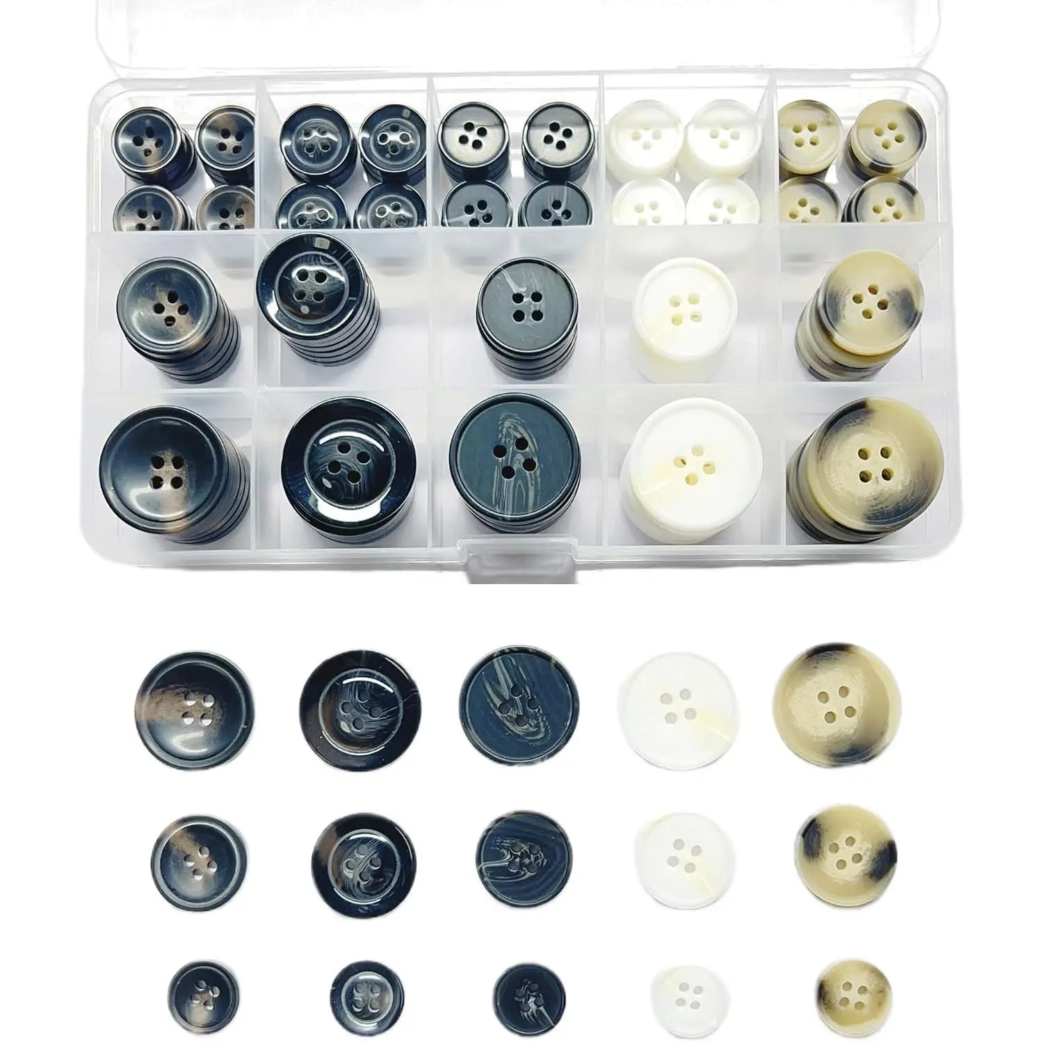 110Pcs Mixed Sewing Buttons, 4-Hole Craft Round Blazer Buttons, 5 Color 3 Size(15mm/20mm/25mm),Suitable for Sewing,Clothes,Suit,Coat,Buttons.