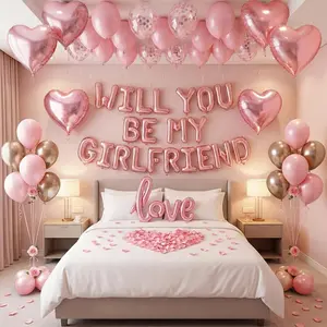 Will You Be My Girlfriend Balloon Letters with Pink Heart Foil Balloons, Love Sign, Rose Petals and Latex Balloons – Romantic Room Setup & Be My Girlfriend Proposal Decorations for Valentine's Day