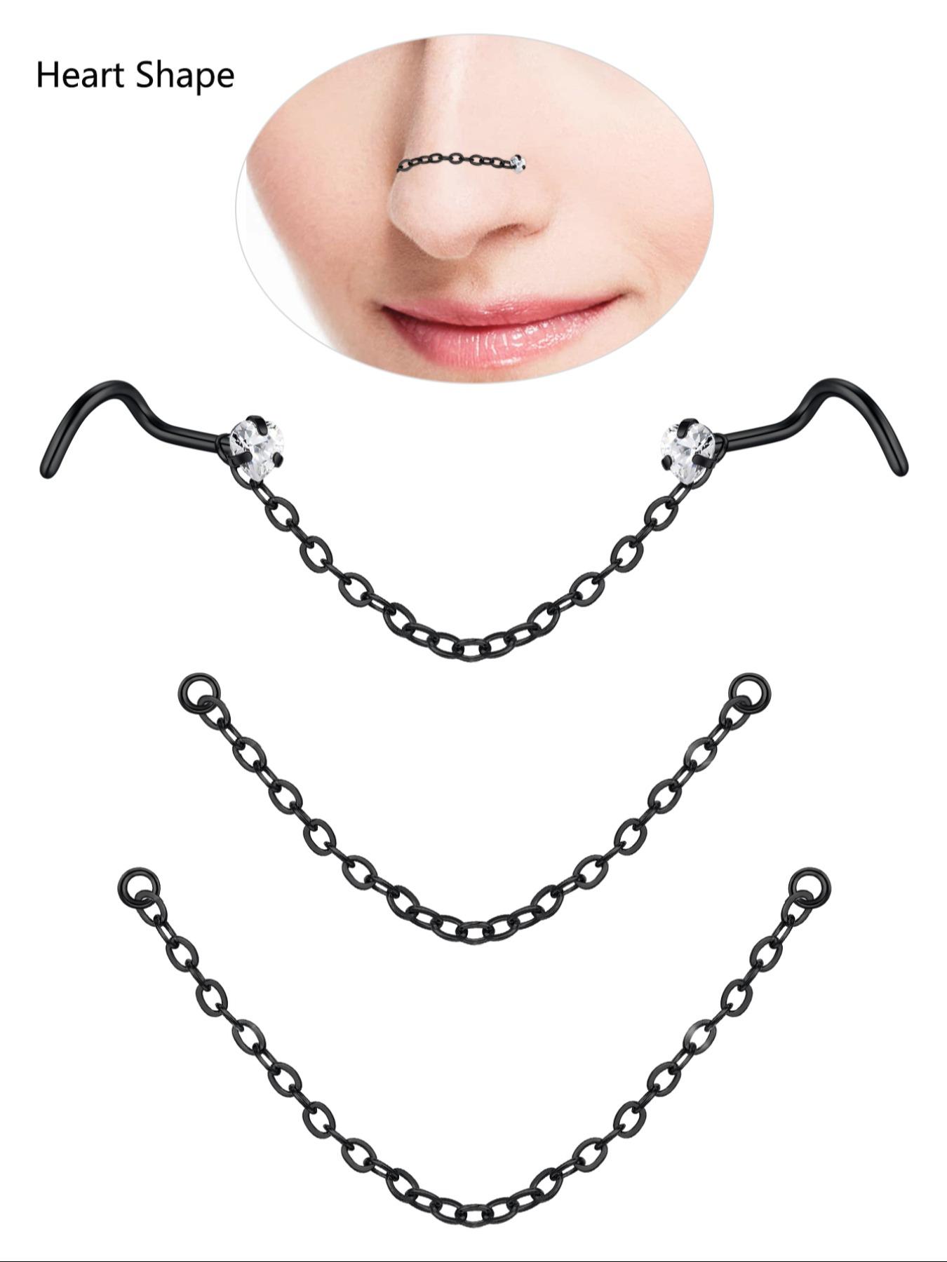 Unisex Stainless Steel Cz Nose Chain, Cool Bone Shape Ring, Party Style Piercing Jewelry, Halloween Accessory