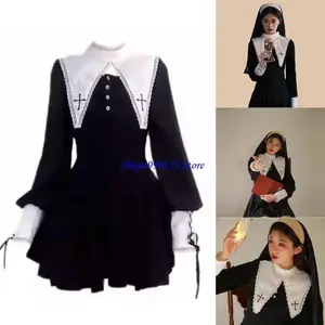 Q0KE Gothic Nun Themed Horror Dress Halloween Cosplay Outfit With Smooth Texture
