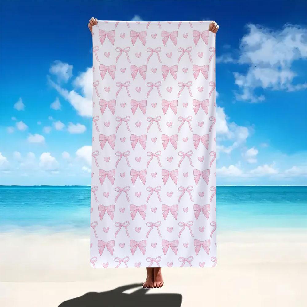 Large-size bath towel with pink bow and heart print, quick-drying absorbent towel for seaside vacations, portable travel beach towel, sand-proof large travel shawl, suitable for sports, swimming, pool activities and yoga beach towels