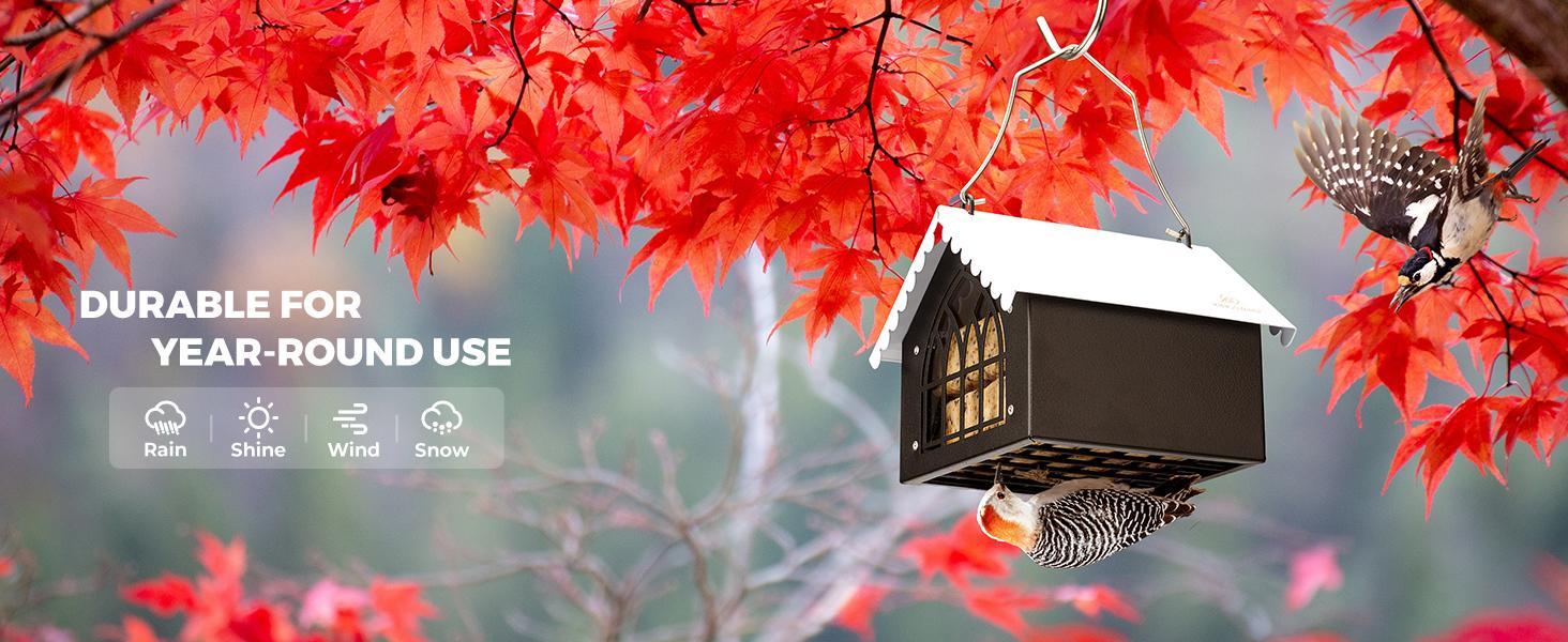 Double Upside Down All Metal Suet Feeder with Weatherproof Roof, for Outdoors Hanging, Great for Downy Woodpecker, Nuthatch, Chickadee, Black