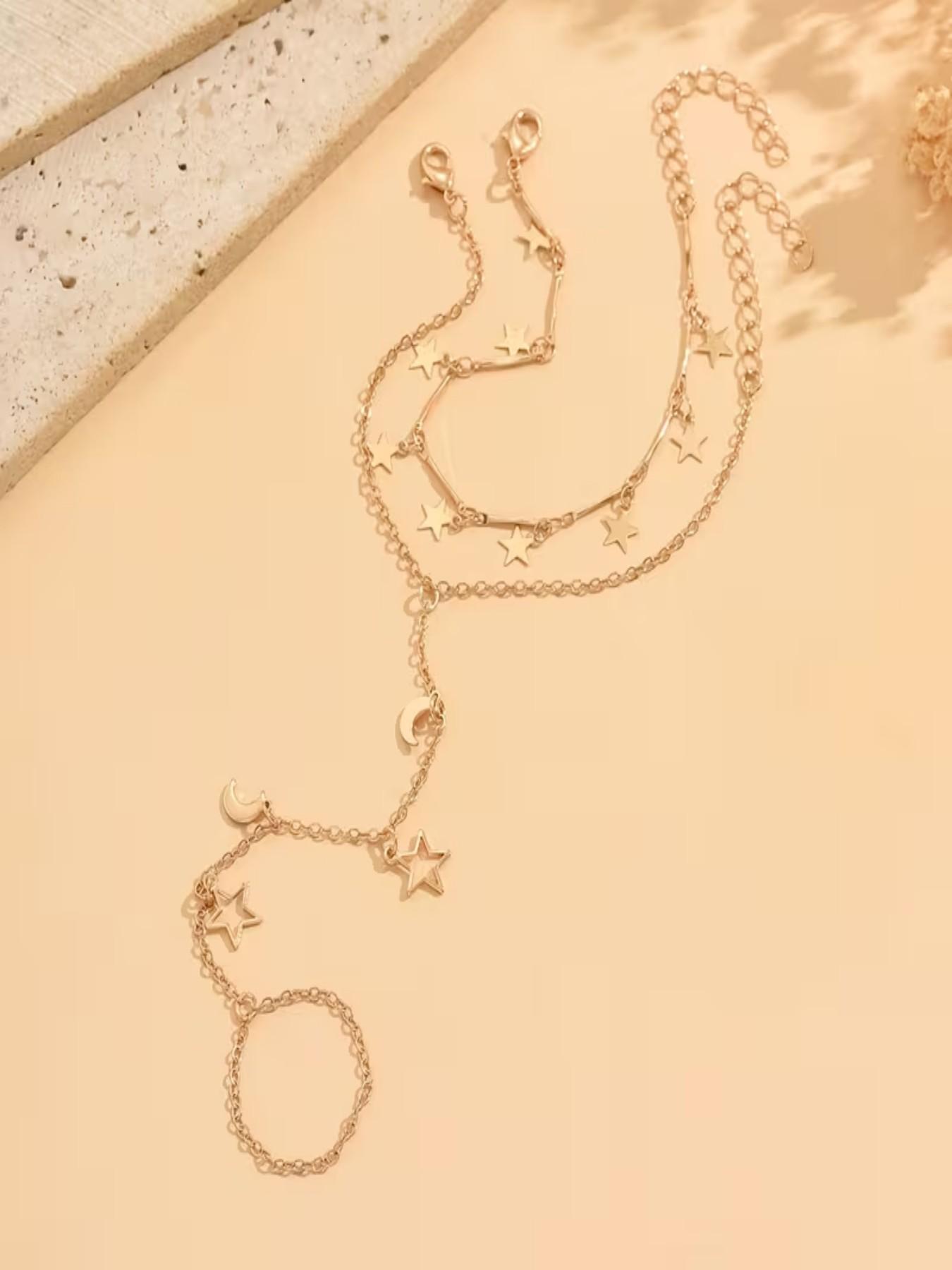 2pc Layered Bracelet, Retro Star Moon Design, Multi-Layer Connected Finger Bracelet, Casual Women's Accessory, Birthday Gift