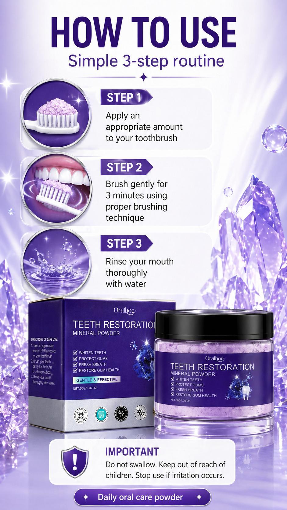 Purple Mineral Tooth Powder, Fresh Mint Daily Teeth Cleaning Powder, Gentle Oral Care for Brighter-Looking Smile, Fresh Breath & Surface Stain Care, 1.76 oz