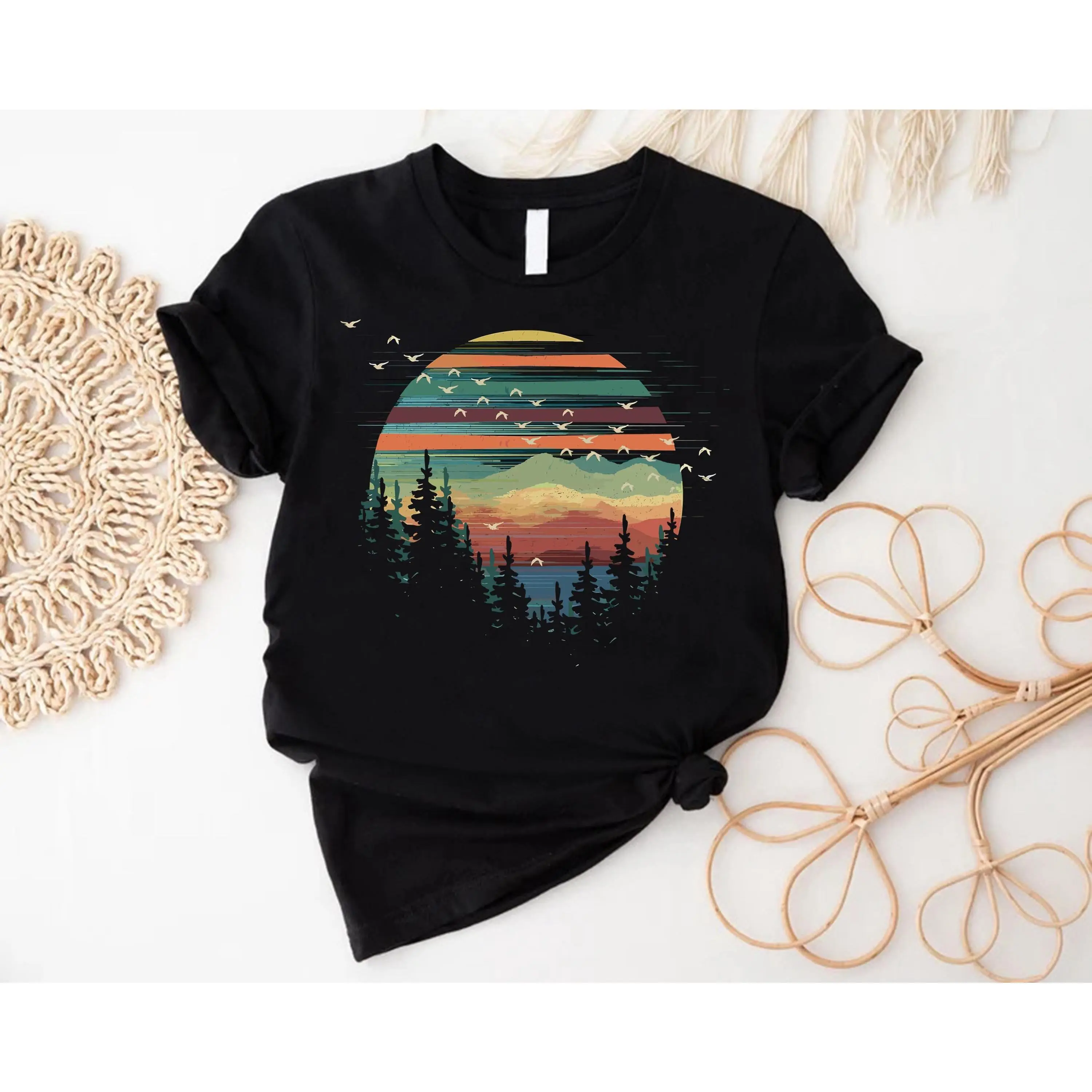 Vintage Forest Sunset Printed Tee Nature Landscape Design Comfortable Daily Wear Perfect Gift For Nature Lovers Casual Fabric