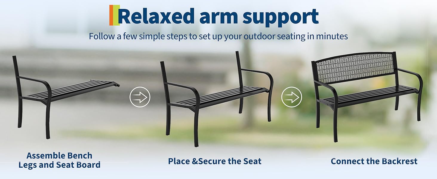 50 in Weather-Resistant Steel Frame Outdoor Patio Furniture Bench - 2-3 People Seat with Decorative Curved Backrest - Ideal for Porch, Yard - Patio Furniture Accessory