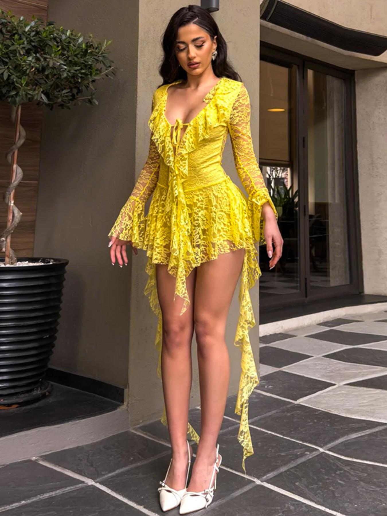 Women's Fashion Y2K Lace Bow Tie Flounce Sleeve Dress, Trendy Comfortable Long Sleeve, Stylish Ladies' Clothing