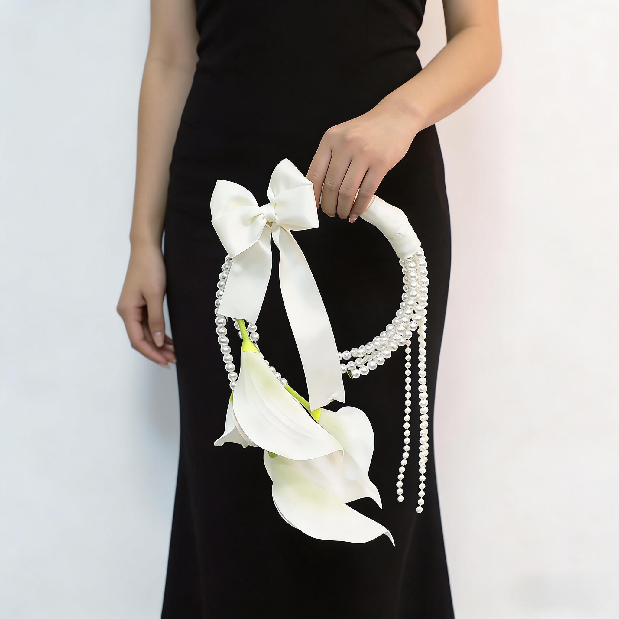 Lily and Pearl Bride Wrist Corsage, 37cm Artificial Flower Handheld Ring, Wedding Ceremony Engagement Party Decoration
