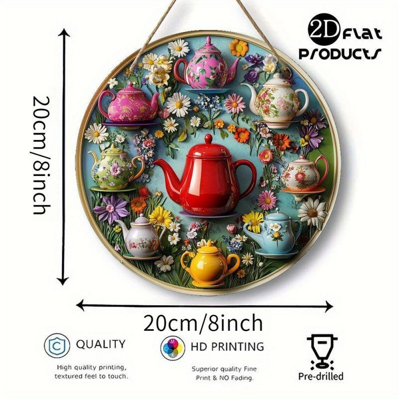 Teapot Pattern Round Wooden Sign, Teapot Theme Hanging Decor, Wall Hanging Decor for Home, Office or Living Room, Ideal Gift, Hangable